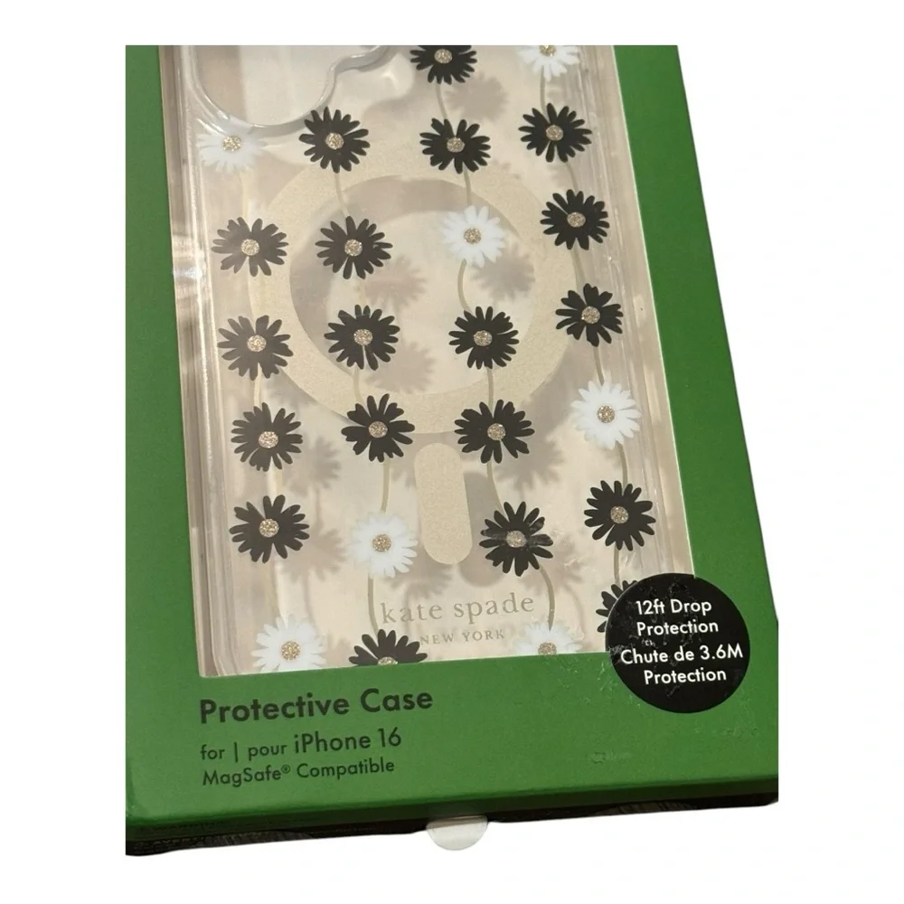 Kate Spade iPhone 16 White Black Daisy Gold Glitter MagSafe Phone Case